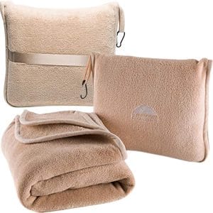 BlueHills Premium Soft Travel Blanket Pillow Airplane Blanket Packed in Soft Bag Pillowcase with Hand Luggage Belt Backpack Clip Compact Pack Large Portable Flight Throw Beige T005 - 1