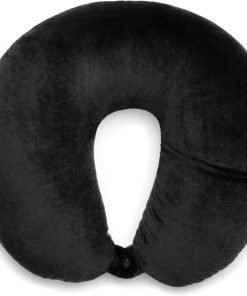 Brookstone Microbead Travel Head and Neck Pillow Lightweight and Plush with Phone or Headphone Pocket, Black - 1