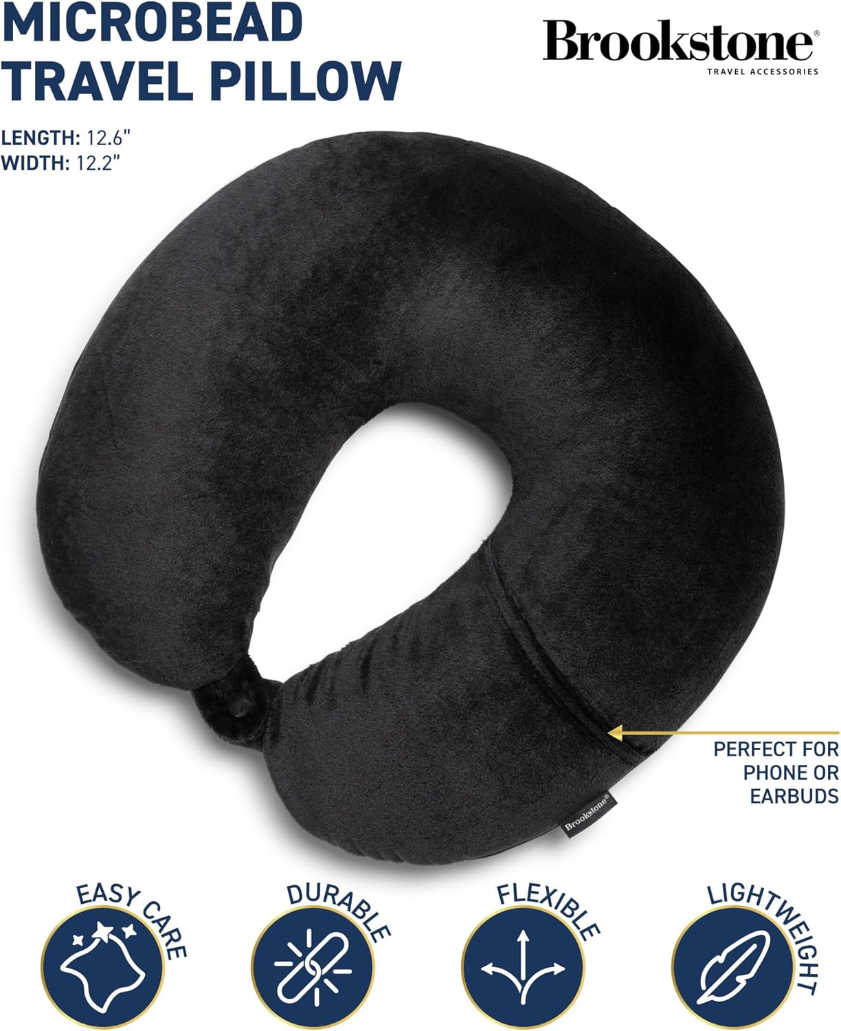 Brookstone Microbead Travel Head and Neck Pillow Lightweight and Plush with Phone or Headphone Pocket, Black - 2