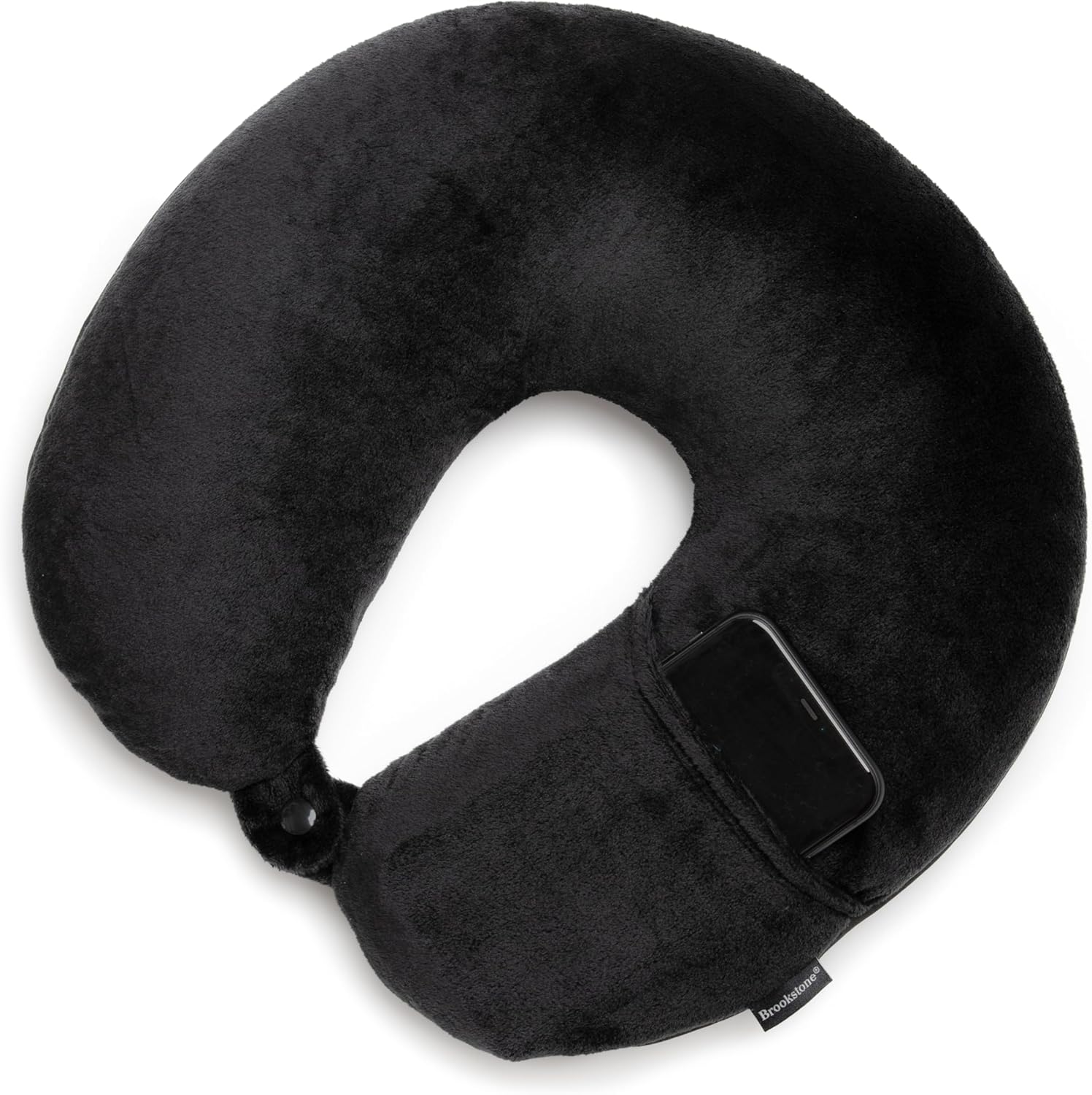 Brookstone Microbead Travel Head and Neck Pillow Lightweight and Plush with Phone or Headphone Pocket, Black - 4