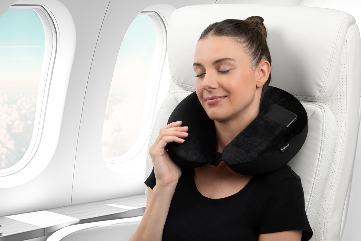 Brookstone Microbead Travel Head and Neck Pillow Lightweight and Plush with Phone or Headphone Pocket, Black - 6