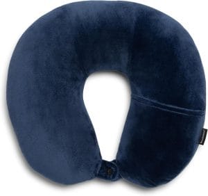 Brookstone Microbead Travel Head and Neck Pillow Lightweight and Plush with Phone or Headphone Pocket, Blue - 1