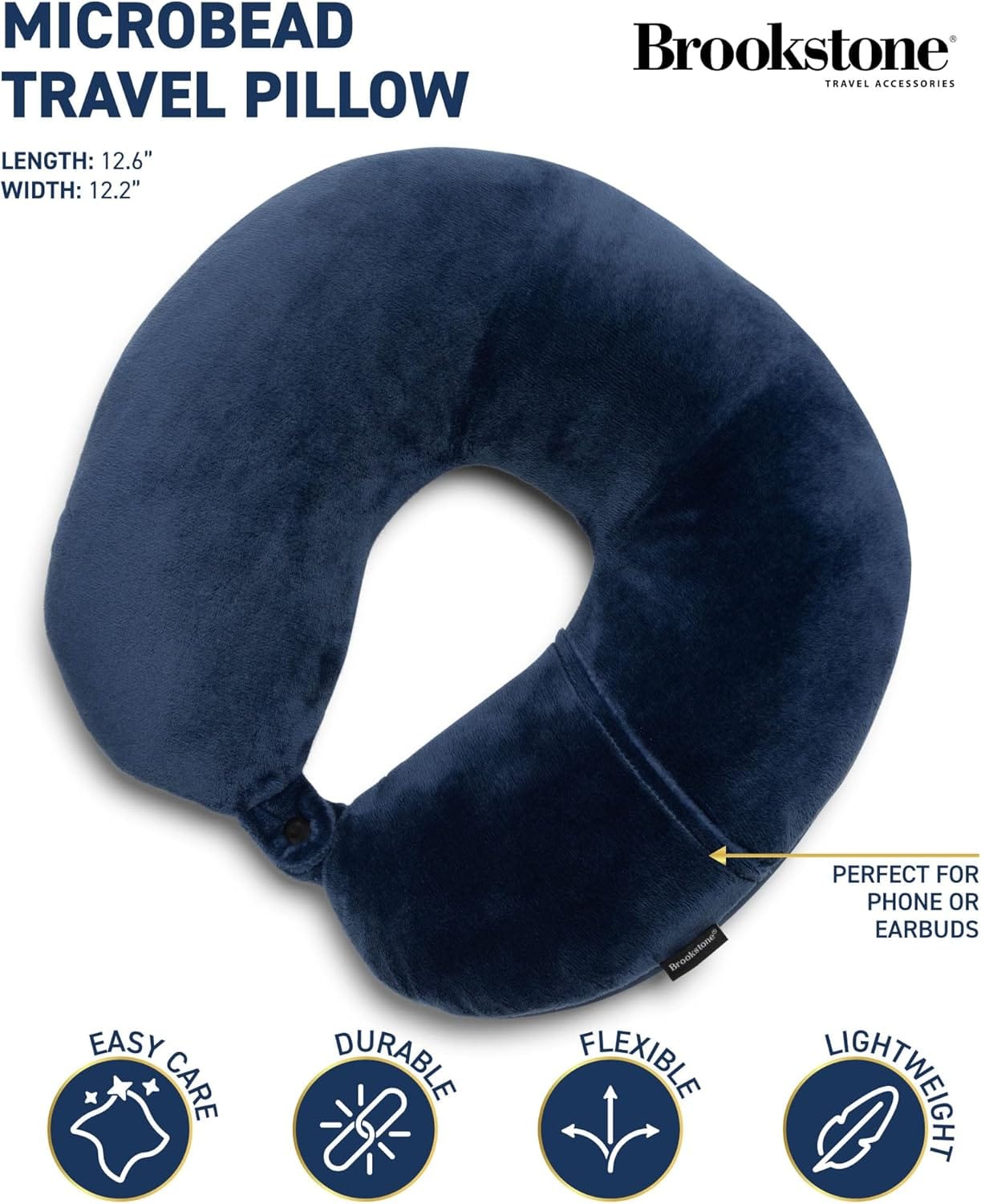 Brookstone Microbead Travel Head and Neck Pillow Lightweight and Plush with Phone or Headphone Pocket, Blue - 2