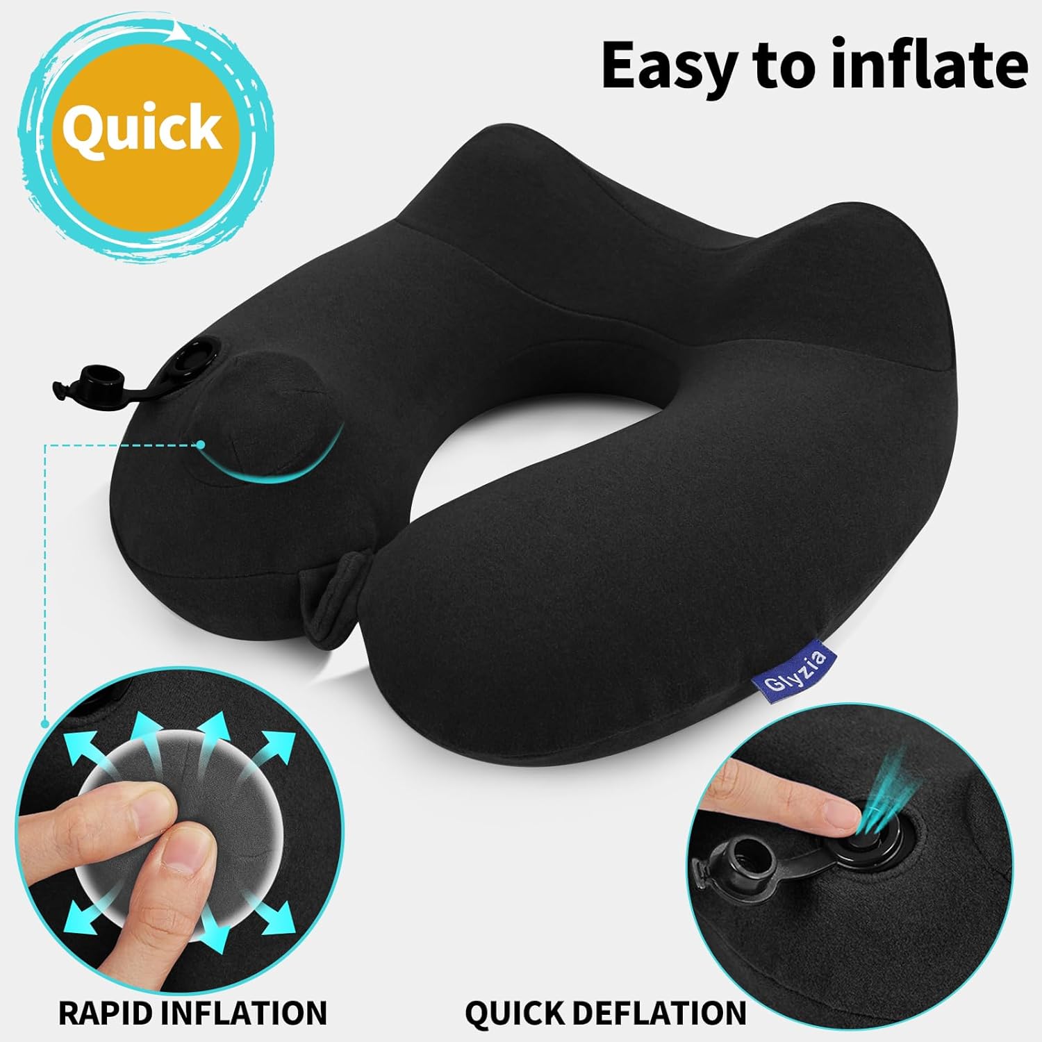 Inflatable Travel Neck Pillow for Airplane, Head Support Velvet Adult Neck Pillow for Long Flight, Kit with Eye Mask, Earplugs and Storage Bag,1, Black - 2