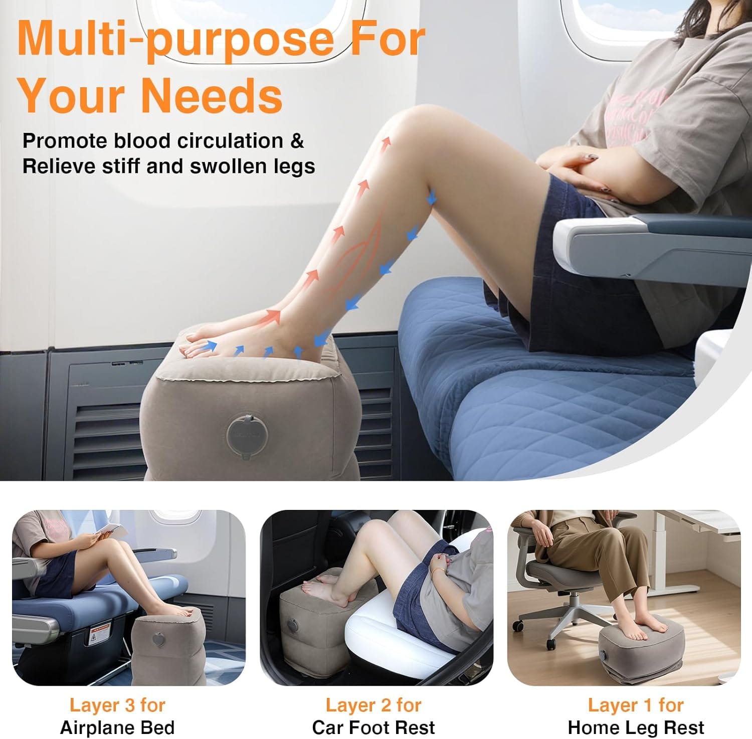 Maliton Inflatable Foot Rest Pillow for Travel,Kids Airplane Bed,Adjustable 3 Layers Height Leg Pillow of Air Travel Essentials,Car, Office, Home - Fast Inflation (Grey) - 3