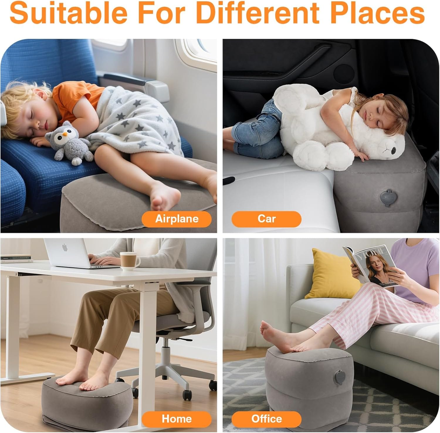 Maliton Inflatable Foot Rest Pillow for Travel,Kids Airplane Bed,Adjustable 3 Layers Height Leg Pillow of Air Travel Essentials,Car, Office, Home - Fast Inflation (Grey) - 8