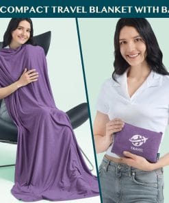 PAVILIA Travel Blanket Compact, Airplane Packable Bag, Soft Fleece Portable Throw Pillow Combo Set, Plane Flight Car Trips Essentials Gift Accessories, Luggage Backpack Clip, Purple - 2
