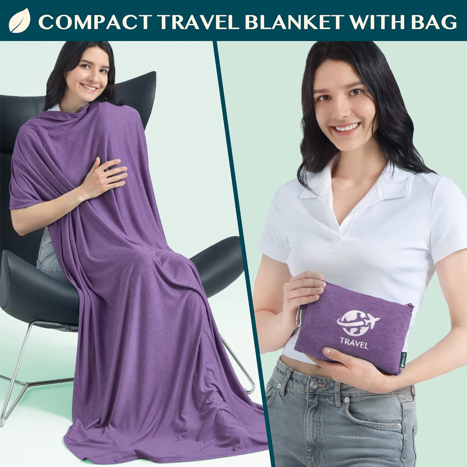 PAVILIA Travel Blanket Compact, Airplane Packable Bag, Soft Fleece Portable Throw Pillow Combo Set, Plane Flight Car Trips Essentials Gift Accessories, Luggage Backpack Clip, Purple - 2