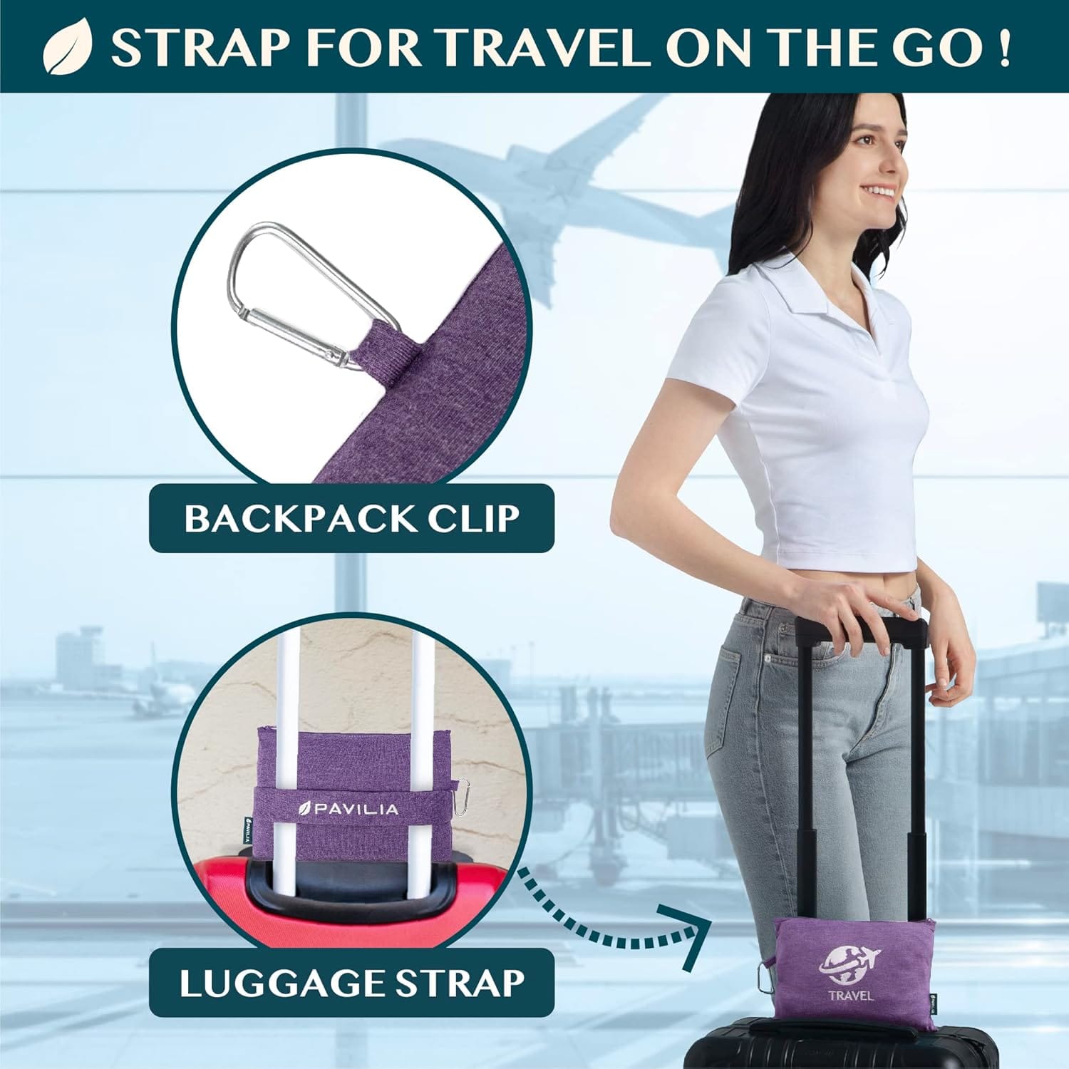 PAVILIA Travel Blanket Compact, Airplane Packable Bag, Soft Fleece Portable Throw Pillow Combo Set, Plane Flight Car Trips Essentials Gift Accessories, Luggage Backpack Clip, Purple - 3