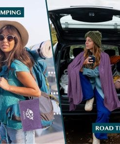PAVILIA Travel Blanket Compact, Airplane Packable Bag, Soft Fleece Portable Throw Pillow Combo Set, Plane Flight Car Trips Essentials Gift Accessories, Luggage Backpack Clip, Purple - 4
