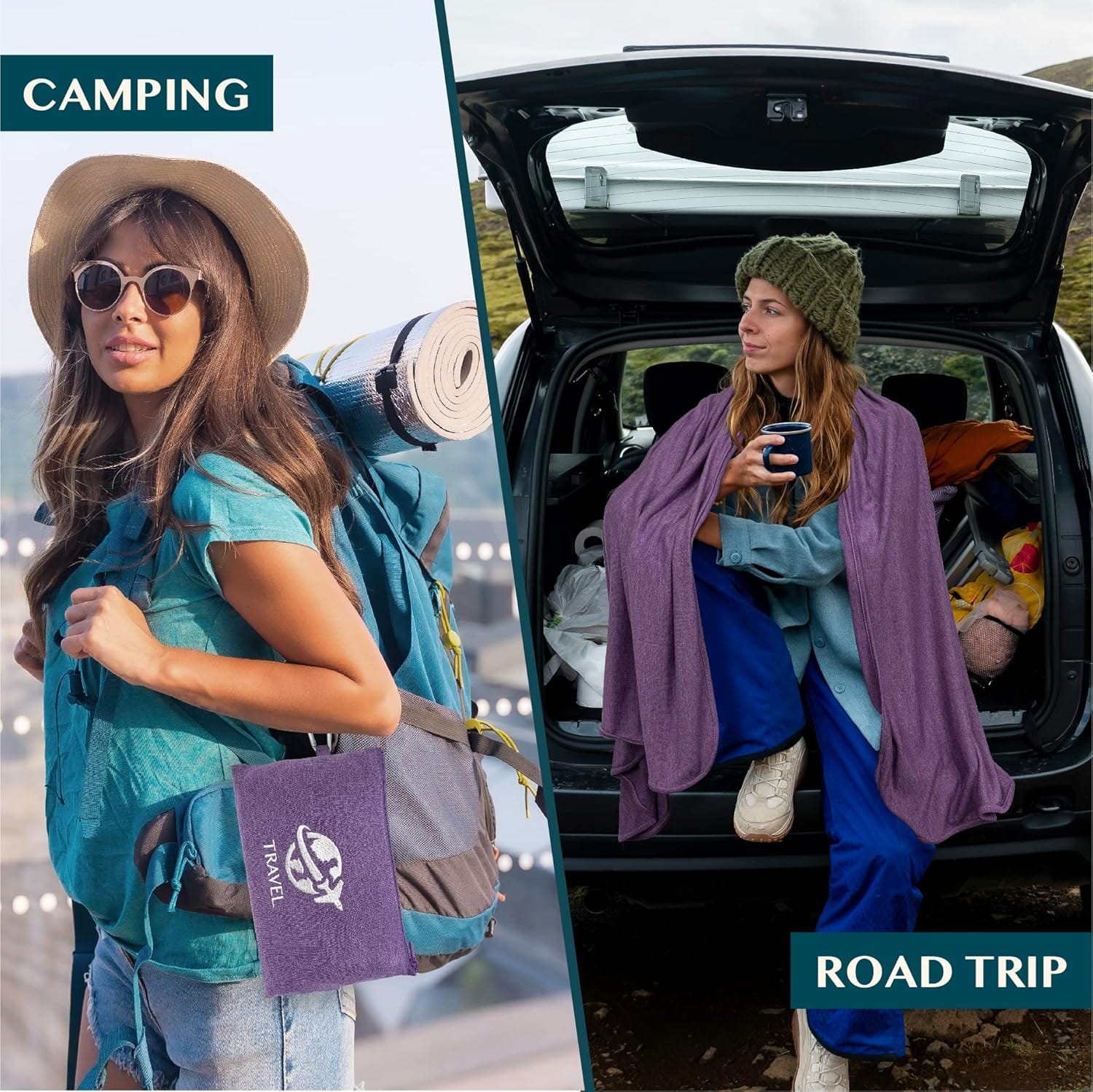 PAVILIA Travel Blanket Compact, Airplane Packable Bag, Soft Fleece Portable Throw Pillow Combo Set, Plane Flight Car Trips Essentials Gift Accessories, Luggage Backpack Clip, Purple - 4