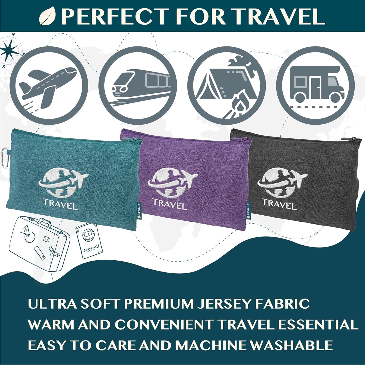 PAVILIA Travel Blanket Compact, Airplane Packable Bag, Soft Fleece Portable Throw Pillow Combo Set, Plane Flight Car Trips Essentials Gift Accessories, Luggage Backpack Clip, Purple - 5