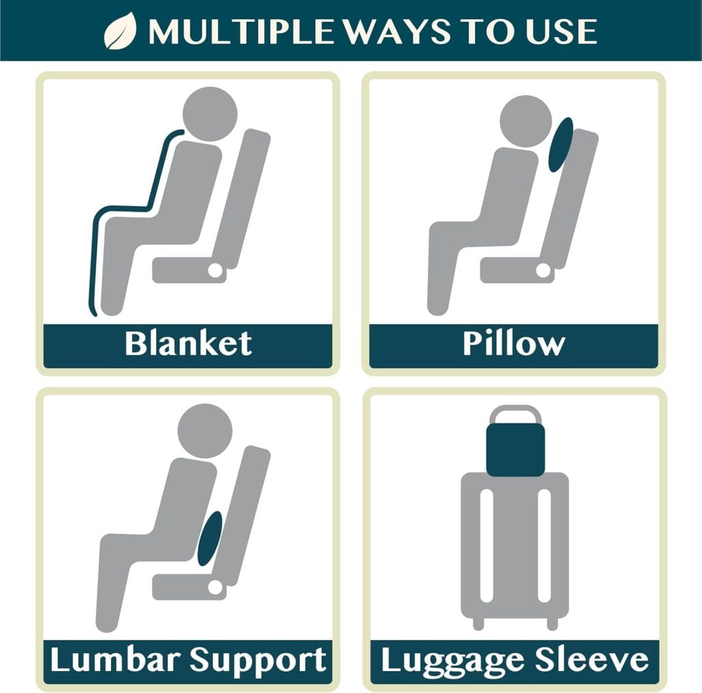 PAVILIA Travel Blanket Compact, Airplane Packable Bag, Soft Fleece Portable Throw Pillow Combo Set, Plane Flight Car Trips Essentials Gift Accessories, Luggage Backpack Clip, Purple, 65 x 40 Inch product use example