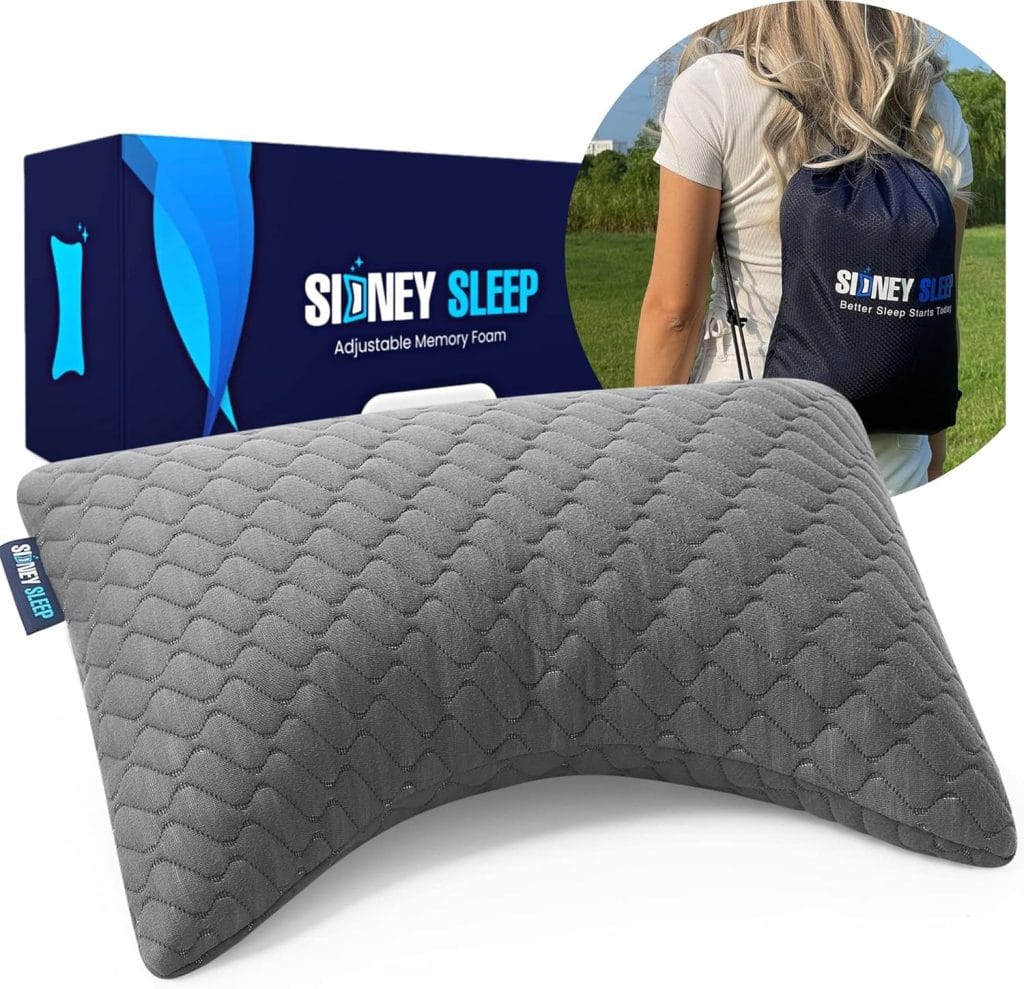 Sidney Sleep Mini Travel Size Neck Pillow – Knee, Back Lumbar and Support – Small Curved Pillow – 14 x 19 Inches – Adjustable Loft – Washable – Drawstring Backpack Included (Mini – Grey)