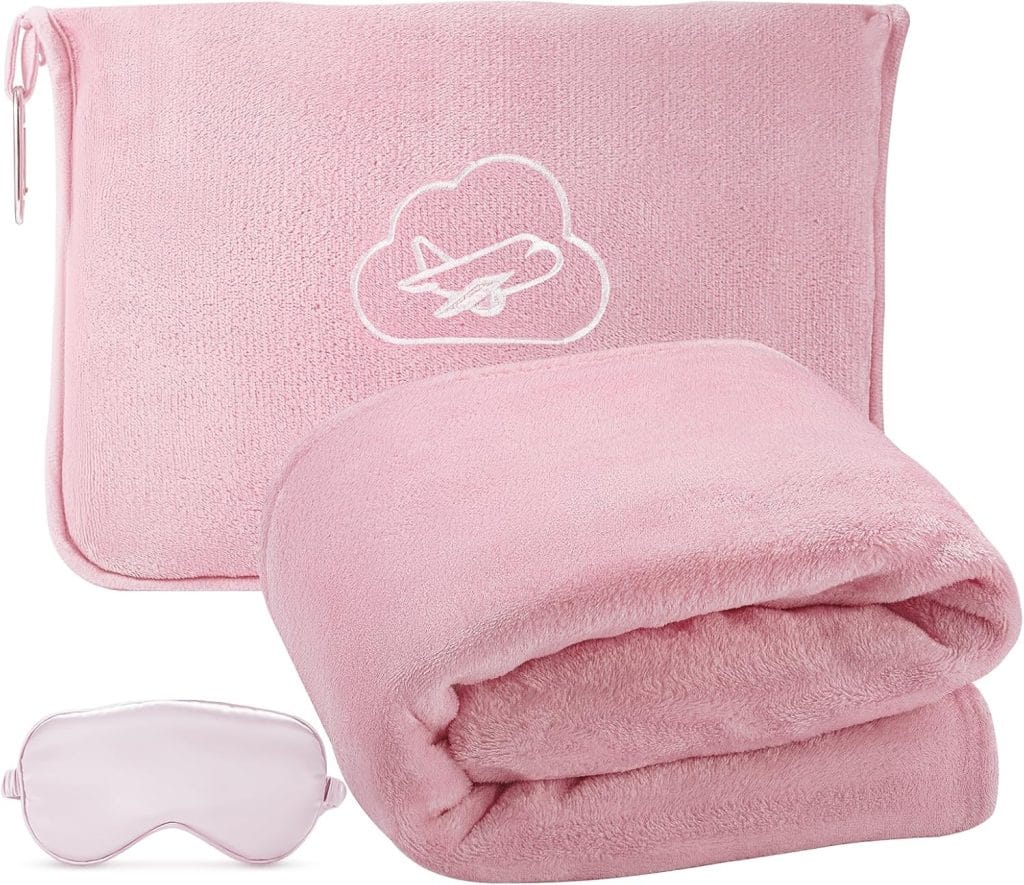 Travel Blanket, Airplane Blanket with Bag, Ultra-Soft, Warm & Lightweight, 65×40 in, Outdoor Blanket Essentials for Women, Men & Kids, Included Eye Mask, Luggage Sleeve & Backpack Clip