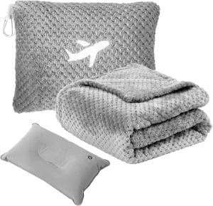 Travel Blanket Airplane Compact with Bag, Travel Essentials 3 in 1 Packable Airplane Blanket, Travel Pillow and Blanket Set, Inflatable Pillow, Luggage Sleeve & Backpack Clip - 1