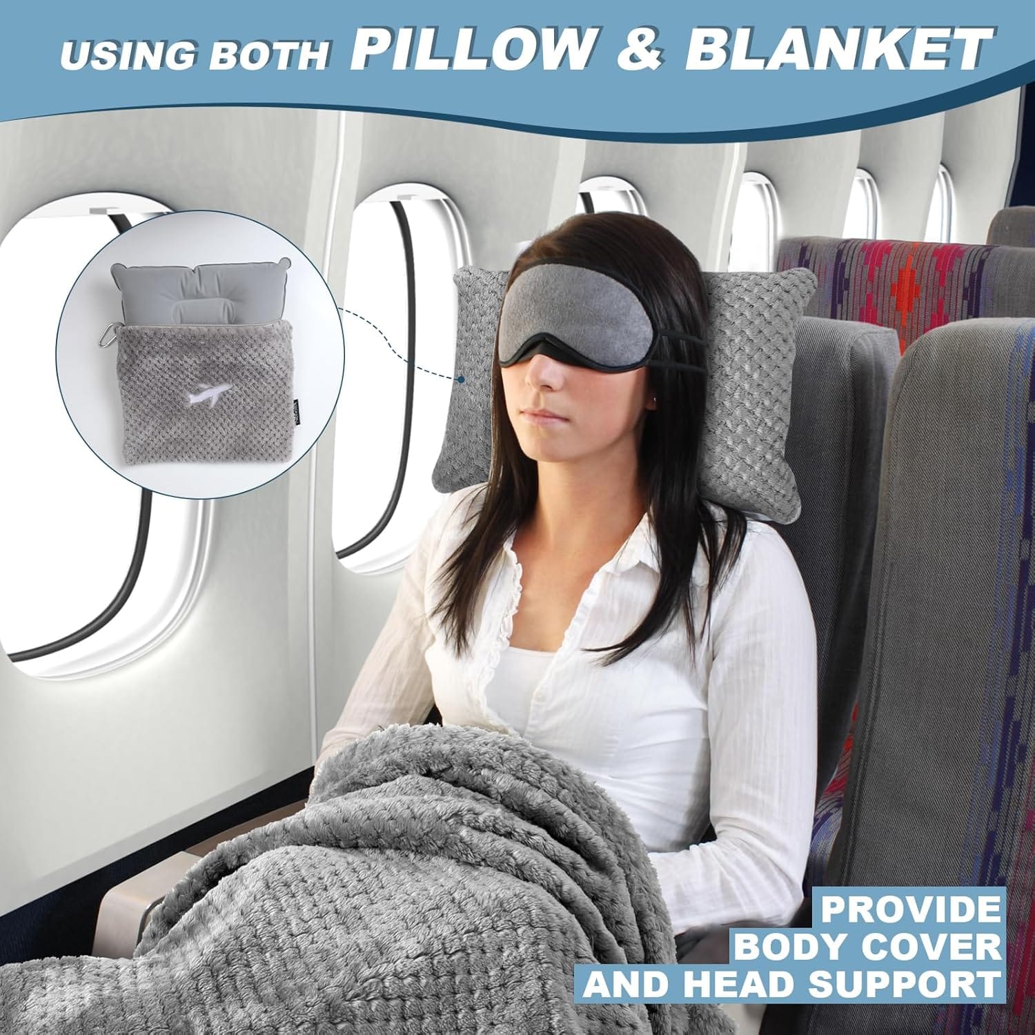 Travel Blanket Airplane Compact with Bag, Travel Essentials 3 in 1 Packable Airplane Blanket, Travel Pillow and Blanket Set, Inflatable Pillow, Luggage Sleeve & Backpack Clip (Light Grey) - Image 6