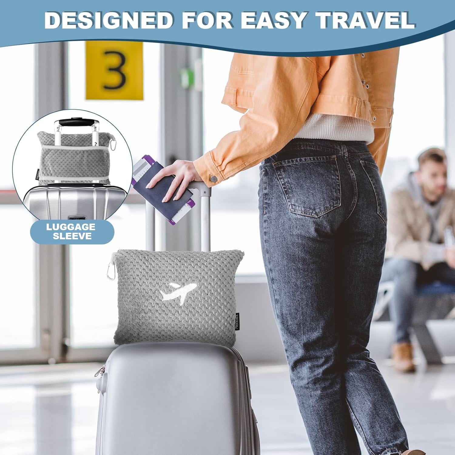 Travel Blanket Airplane Compact with Bag, Travel Essentials 3 in 1 Packable Airplane Blanket, Travel Pillow and Blanket Set, Inflatable Pillow, Luggage Sleeve & Backpack Clip - 4