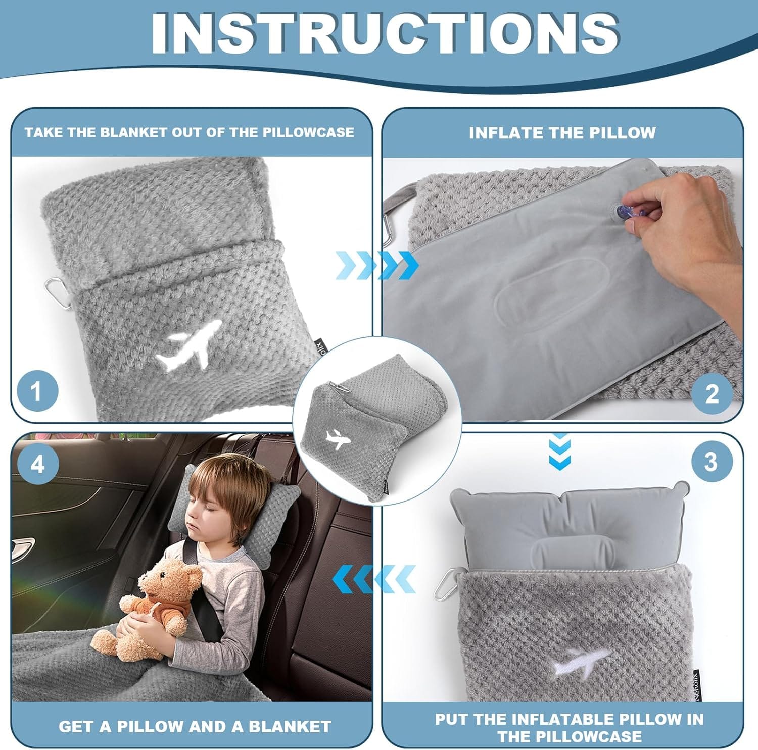 Travel Blanket Airplane Compact with Bag, Travel Essentials 3 in 1 Packable Airplane Blanket, Travel Pillow and Blanket Set, Inflatable Pillow, Luggage Sleeve & Backpack Clip - 5