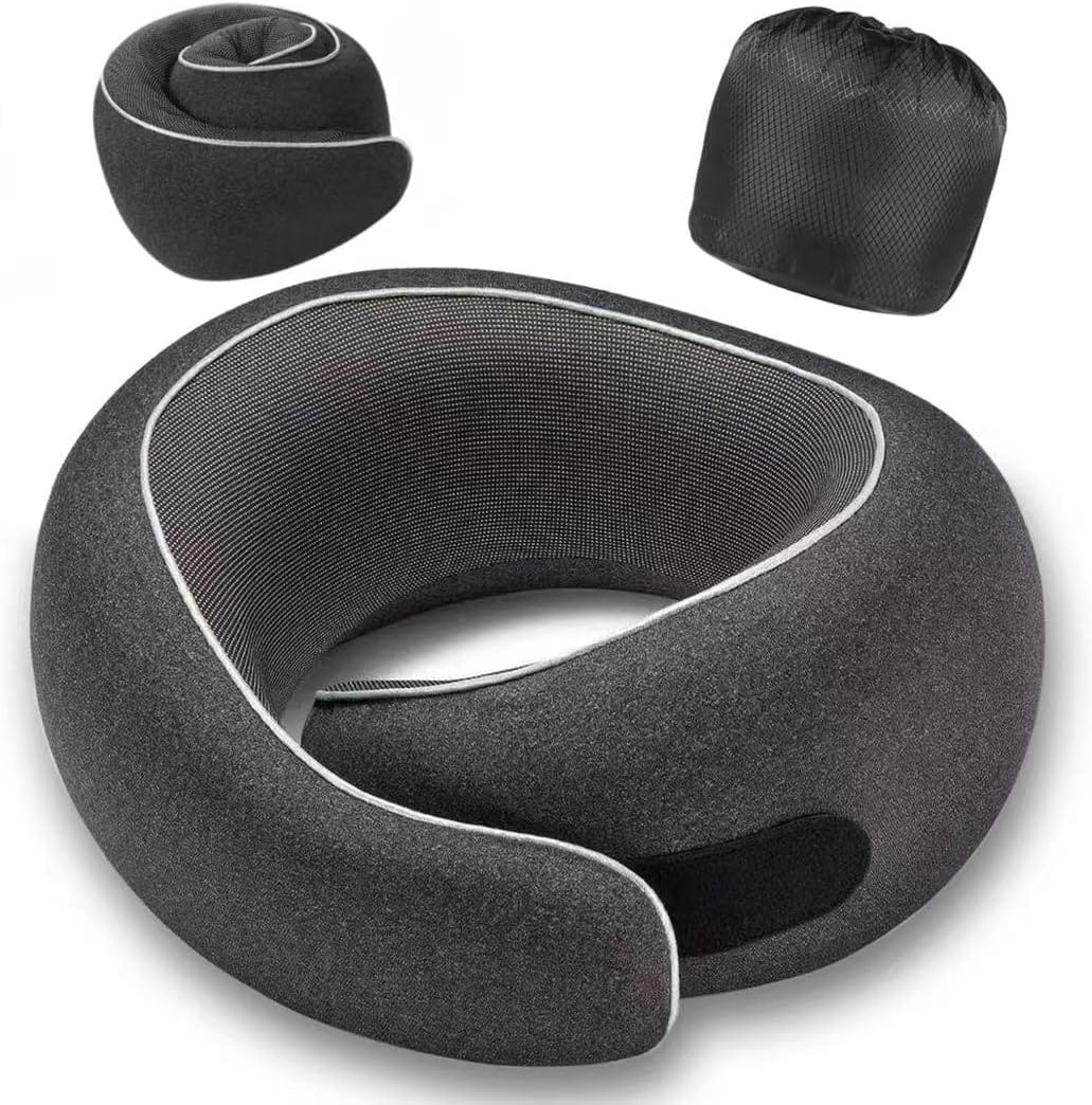 Travel Neck Pillow for Airplanes, Premium Memory Foam Neck Pillow with Ergonomic 360° Support, Travel Essentials for Plane, Car, Train and Home, Max Black - 1