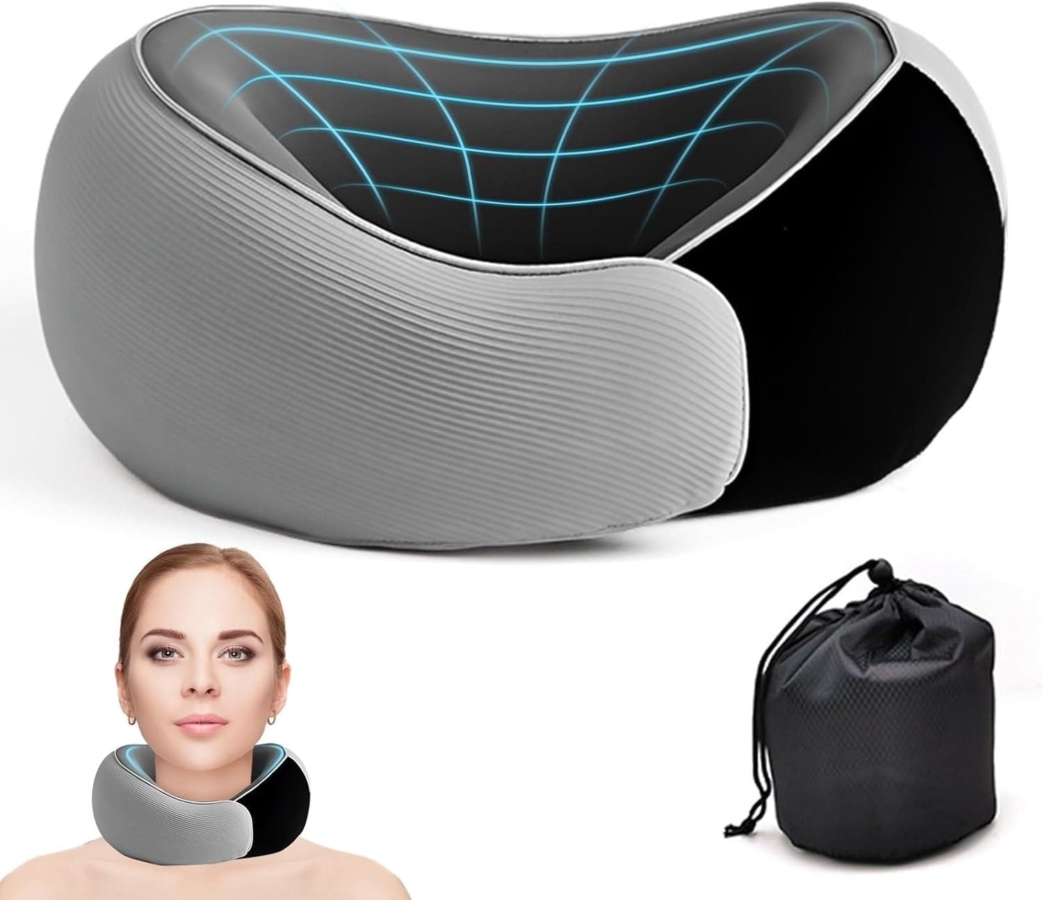 Travel Neck Pillow for Airplanes – 100% Memory Foam, 360° Head Support, Breathable & Washable Cover, Compact for Travel, Car & Flights - 1