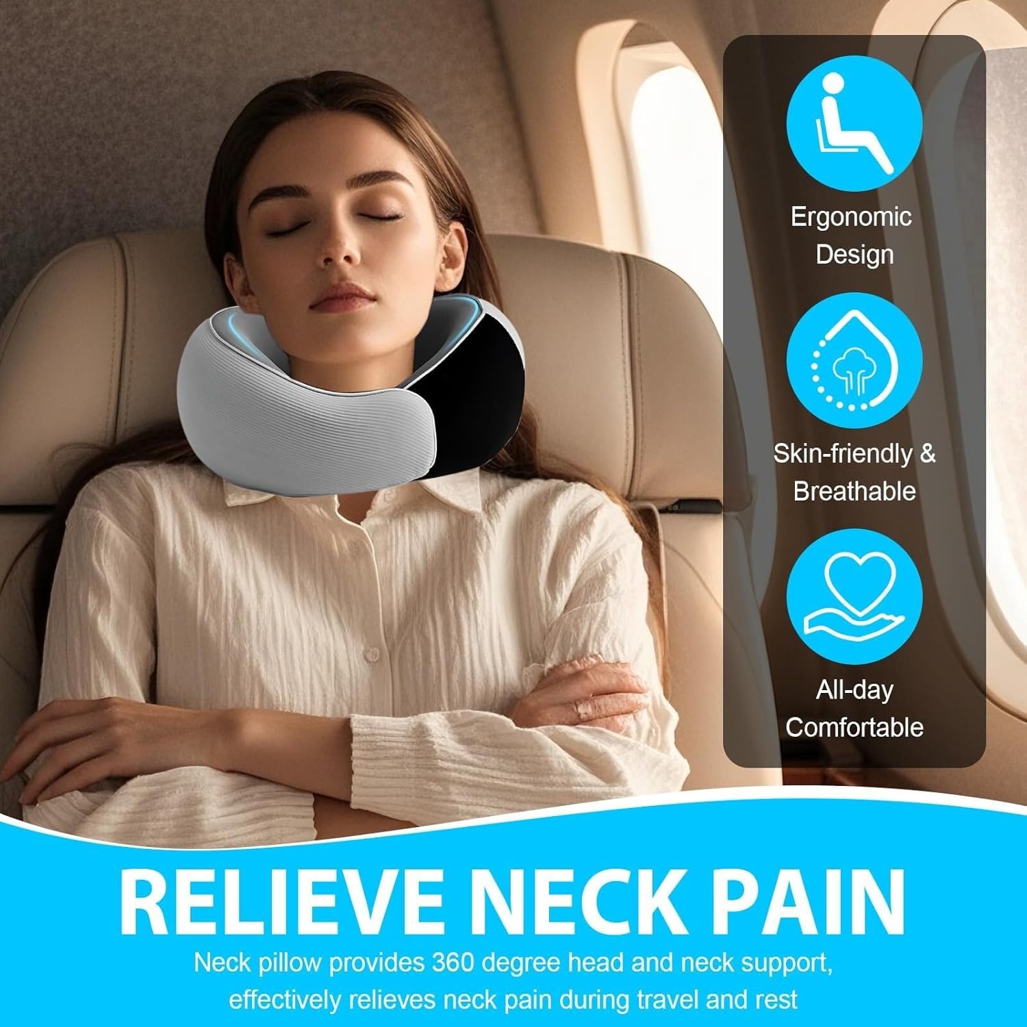 Travel Neck Pillow for Airplanes – 100% Memory Foam, 360° Head Support, Breathable & Washable Cover, Compact for Travel, Car & Flights - 2