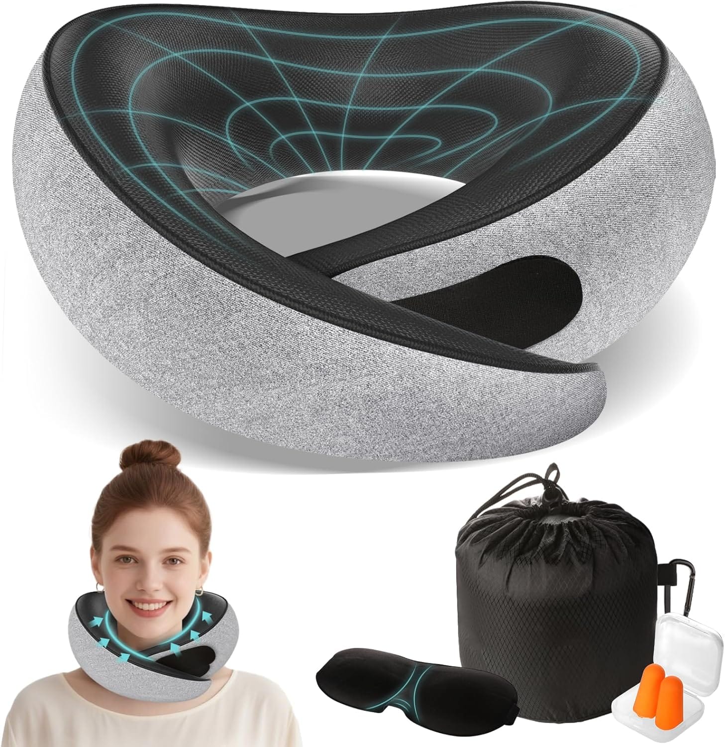 Travel Neck Pillows for Airplanes - 360° Ergonomic Memory Foam Travel Pillow - Relief Neck Pain with Breathable Support for Long Flights, Car, Train & Office Use - Adults & Kids - 1