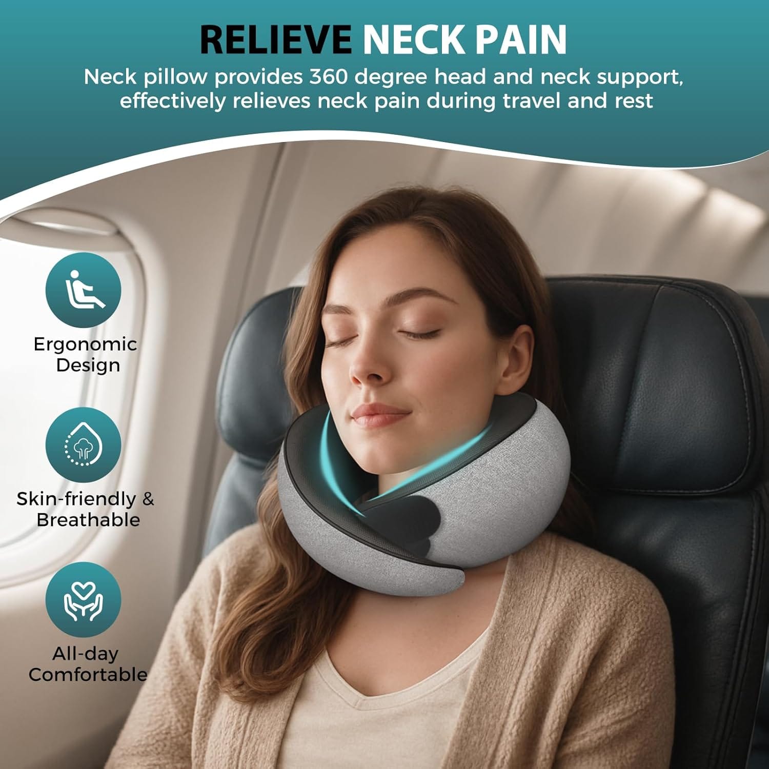 Travel Neck Pillows for Airplanes - 360° Ergonomic Memory Foam Travel Pillow - Relief Neck Pain with Breathable Support for Long Flights, Car, Train & Office Use - Adults & Kids - 2