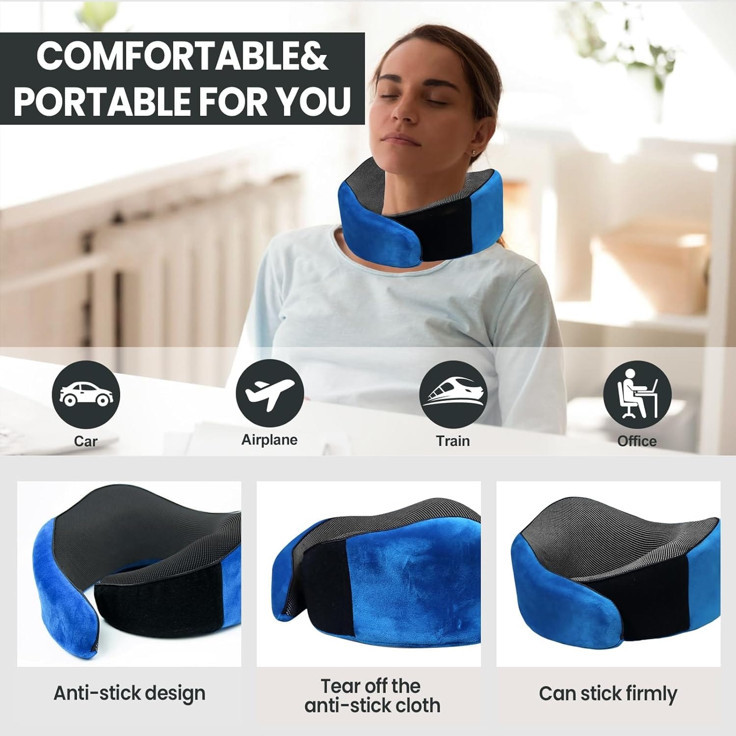 Travel Pillow, 100% Pure Memory Foam Travel Neck Pillow Airplane Neck Support Ergonomic Design for Traveling Suitable for Airplanes,Offices and Cars-Blue - 3