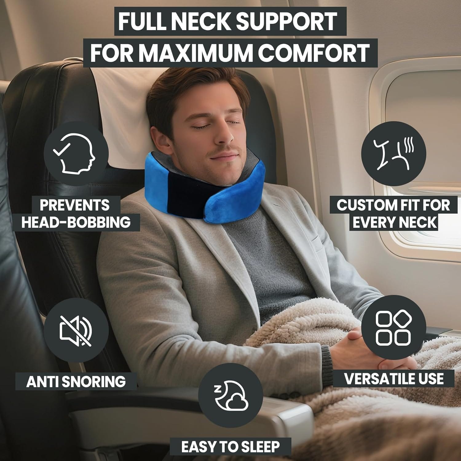 Travel Pillow, 100% Pure Memory Foam Travel Neck Pillow Airplane Neck Support Ergonomic Design for Traveling Suitable for Airplanes,Offices and Cars-Blue - 6