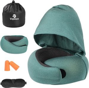 Travel Pillow - Hooded Neck Pillow Airplane Memory Foam Filling for Plane, Office, Cars Sleeping, Road Trip, Long Flights, Portable Plane Accessories, Includes Eye Mask & Earplugs - 1
