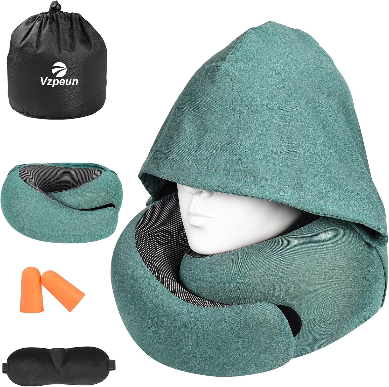 Travel Pillow - Hooded Neck Pillow Airplane Memory Foam Filling for Plane, Office, Cars Sleeping, Road Trip, Long Flights, Portable Plane Accessories, Includes Eye Mask & Earplugs - 8