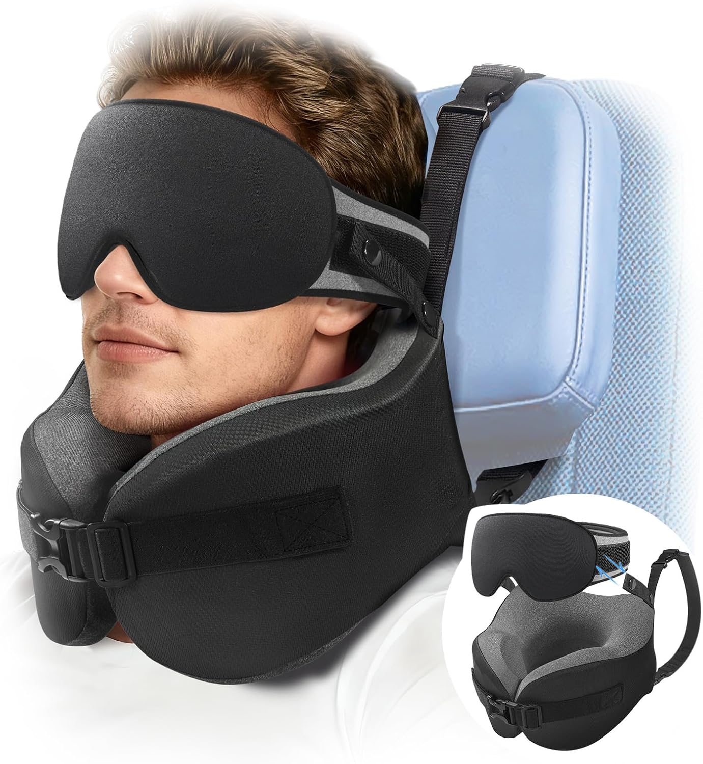 YFONG Travel Pillow for Long Flight Airplanes, Head Strap Combo with 3D Contoured Eye Mask for Sleep, Neck Pillow for Car Trip Essential, 360° Support Memory Foam Headrest - 1