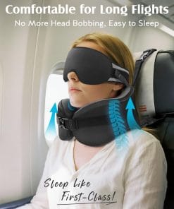YFONG Travel Pillow for Long Flight Airplanes, Head Strap Combo with 3D Contoured Eye Mask for Sleep, Neck Pillow for Car Trip Essential, 360° Support Memory Foam Headrest - 2