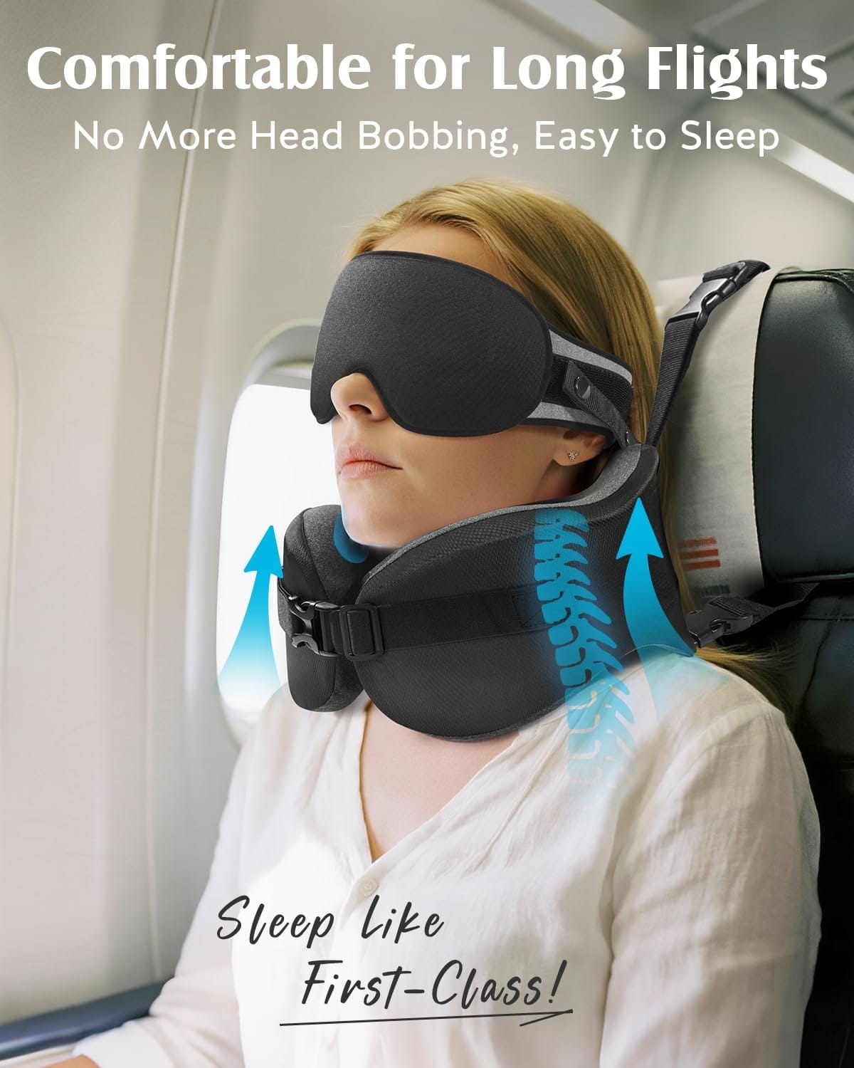 YFONG Travel Pillow for Long Flight Airplanes, Head Strap Combo with 3D Contoured Eye Mask for Sleep, Neck Pillow for Car Trip Essential, 360° Support Memory Foam Headrest - 2