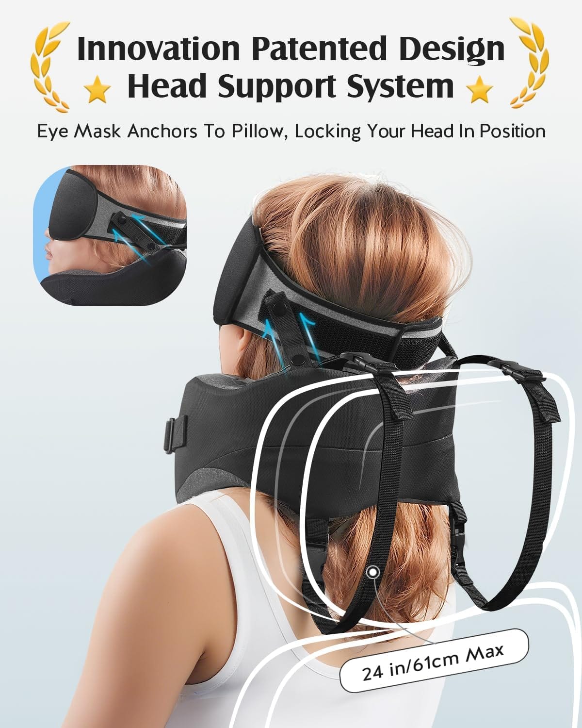 YFONG Travel Pillow for Long Flight Airplanes, Head Strap Combo with 3D Contoured Eye Mask for Sleep, Neck Pillow for Car Trip Essential, 360° Support Memory Foam Headrest - 3