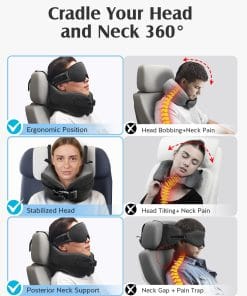 YFONG Travel Pillow for Long Flight Airplanes, Head Strap Combo with 3D Contoured Eye Mask for Sleep, Neck Pillow for Car Trip Essential, 360° Support Memory Foam Headrest - 4