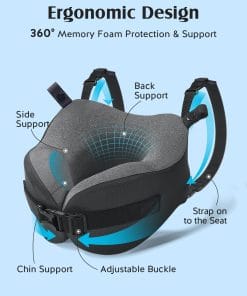 YFONG Travel Pillow for Long Flight Airplanes, Head Strap Combo with 3D Contoured Eye Mask for Sleep, Neck Pillow for Car Trip Essential, 360° Support Memory Foam Headrest - 5