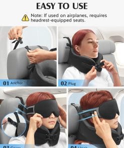 YFONG Travel Pillow for Long Flight Airplanes, Head Strap Combo with 3D Contoured Eye Mask for Sleep, Neck Pillow for Car Trip Essential, 360° Support Memory Foam Headrest - 6