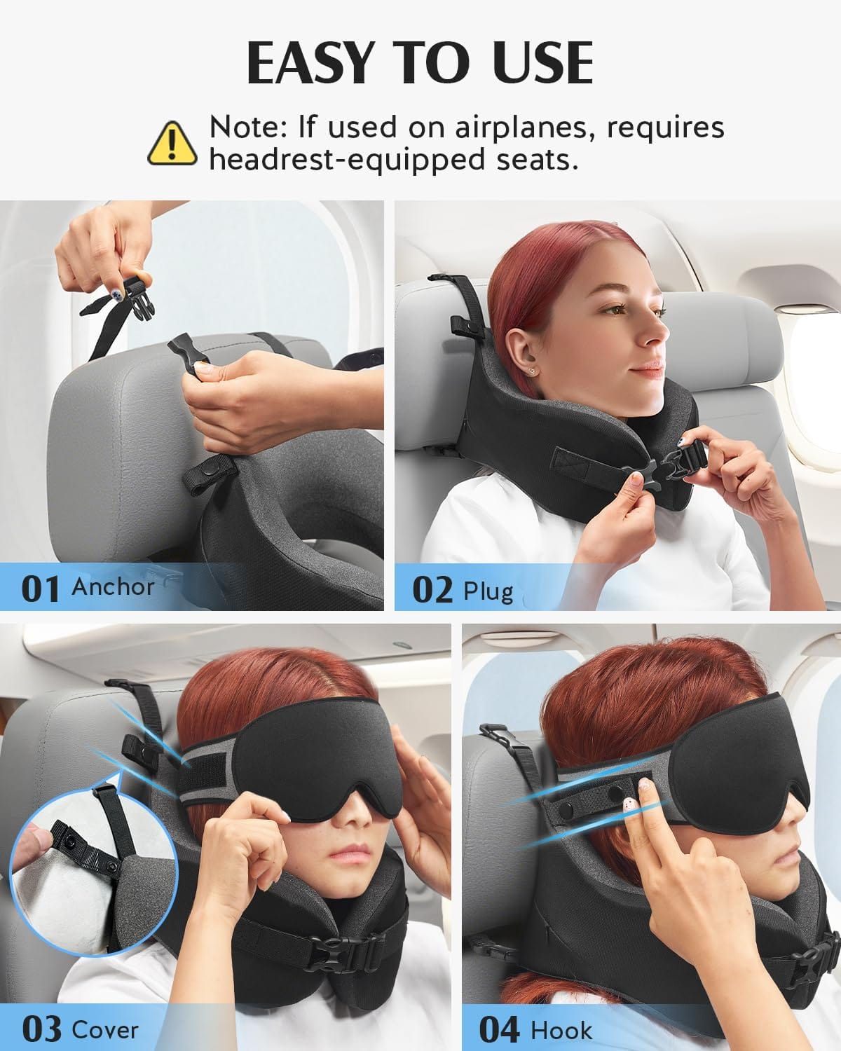 YFONG Travel Pillow for Long Flight Airplanes, Head Strap Combo with 3D Contoured Eye Mask for Sleep, Neck Pillow for Car Trip Essential, 360° Support Memory Foam Headrest - 6