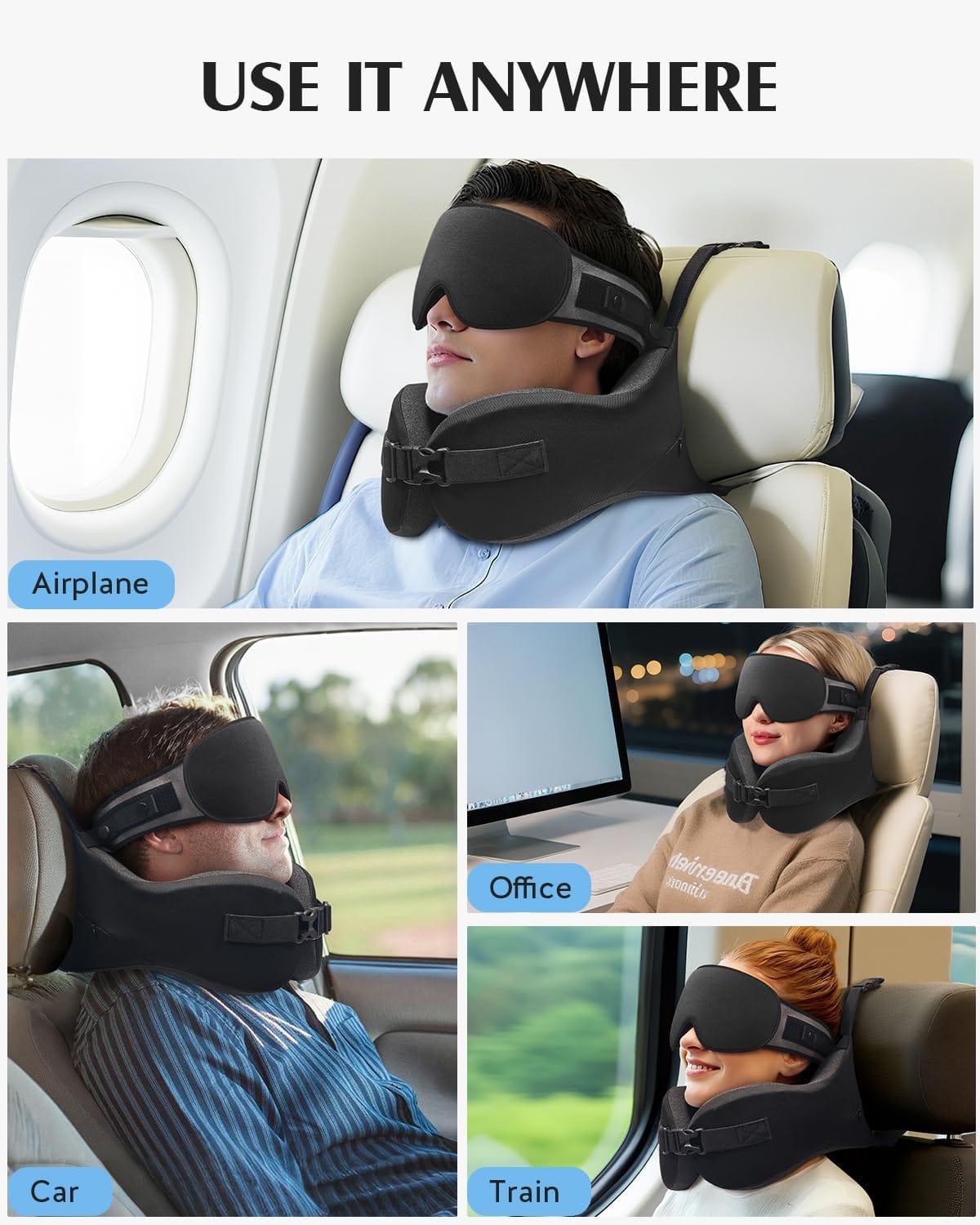 YFONG Travel Pillow for Long Flight Airplanes, Head Strap Combo with 3D Contoured Eye Mask for Sleep, Neck Pillow for Car Trip Essential, 360° Support Memory Foam Headrest - 8