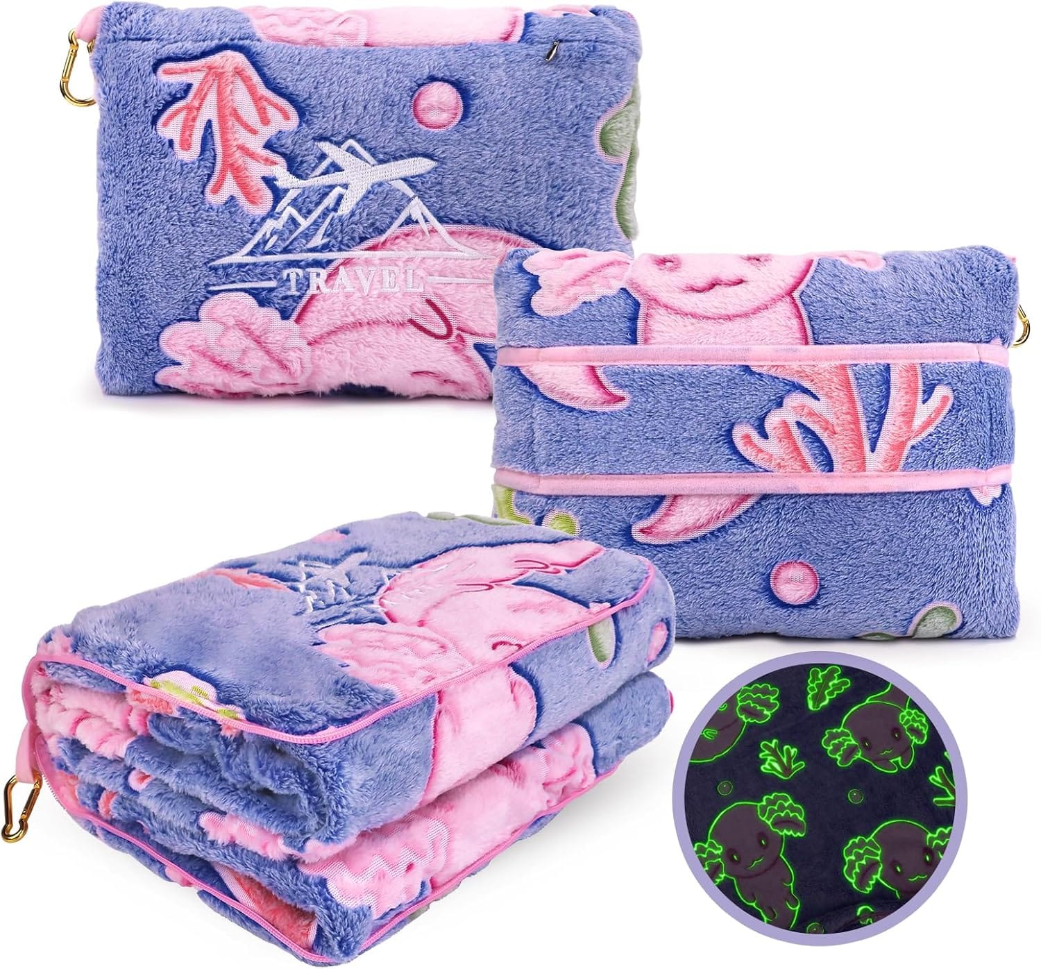 Axolotl Blanket for Airplane Travel - Glow in The Dark Kids Travel Blanket Pillow Set for Plane, Car - Axolotl Gifts Toys for Girls, Small Soft Purple Fleece Throw for Teens Girls 40 x 60 - 1