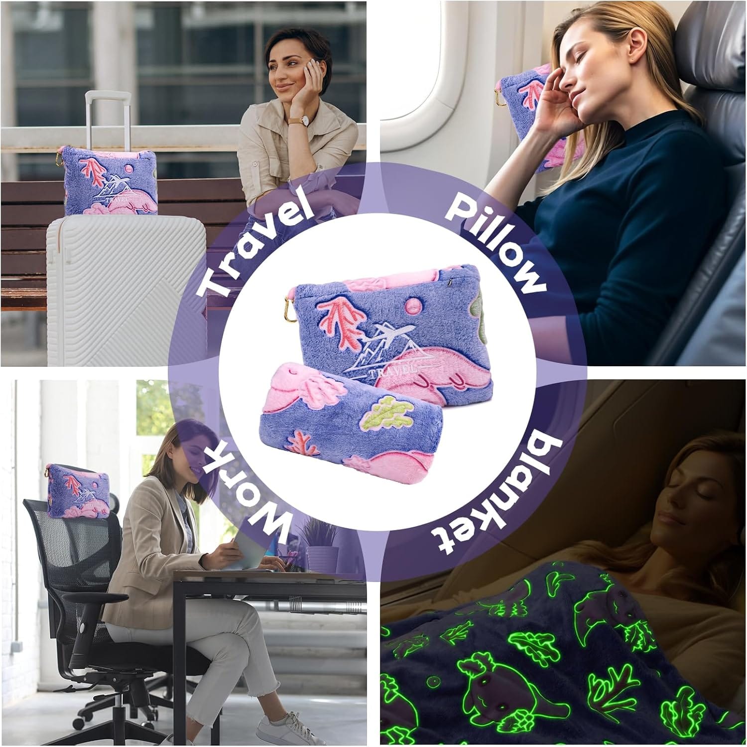 Axolotl Blanket for Airplane Travel - Glow in The Dark Kids Travel Blanket Pillow Set for Plane, Car - Axolotl Gifts Toys for Girls, Small Soft Purple Fleece Throw for Teens Girls 40 x 60 - 2