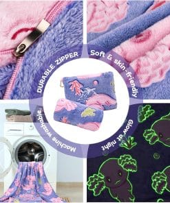 Axolotl Blanket for Airplane Travel - Glow in The Dark Kids Travel Blanket Pillow Set for Plane, Car - Axolotl Gifts Toys for Girls, Small Soft Purple Fleece Throw for Teens Girls 40 x 60 - 3