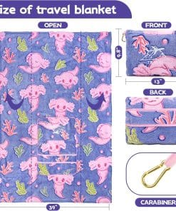 Axolotl Blanket for Airplane Travel - Glow in The Dark Kids Travel Blanket Pillow Set for Plane, Car - Axolotl Gifts Toys for Girls, Small Soft Purple Fleece Throw for Teens Girls 40 x 60 - 4