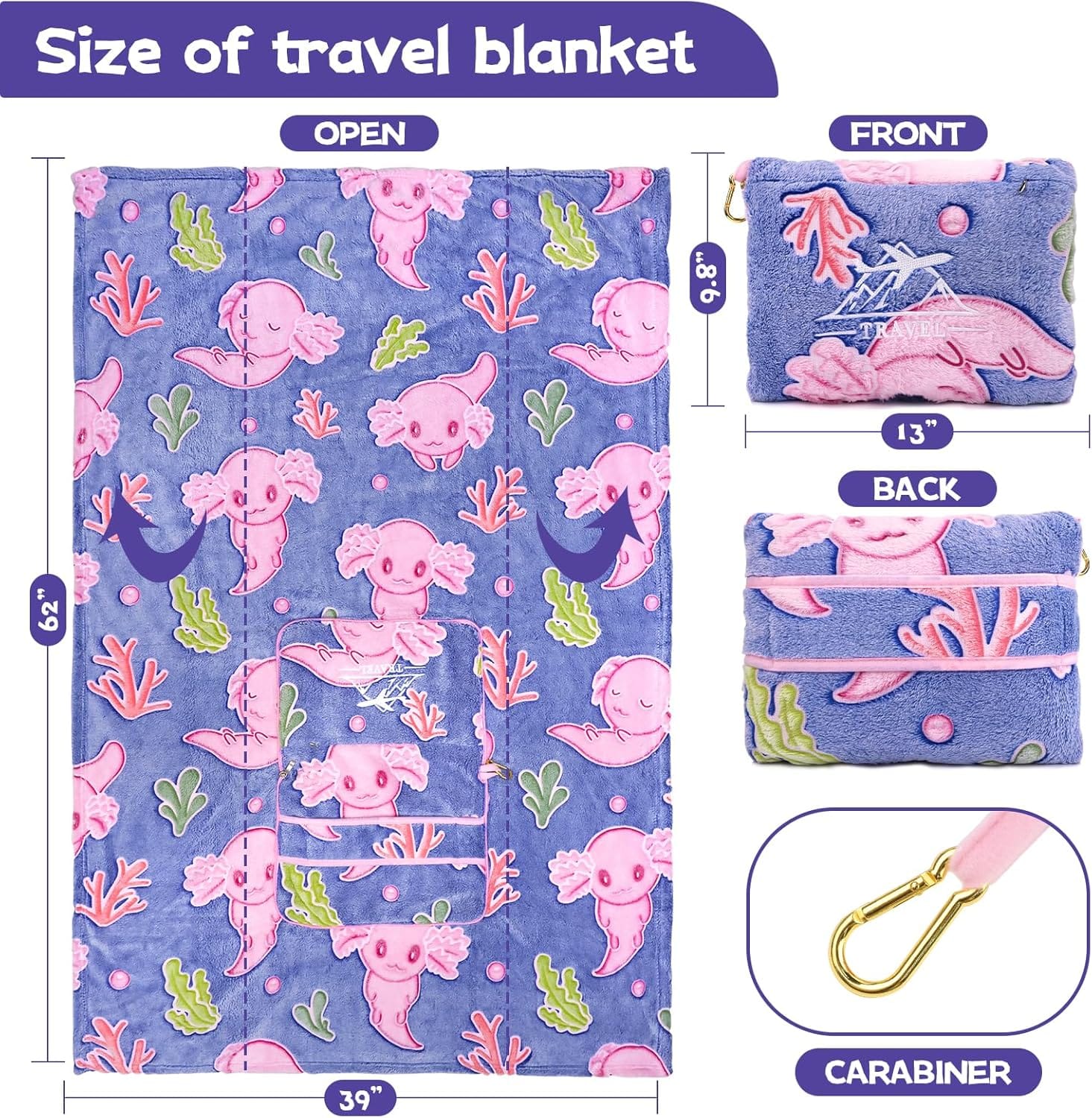 Axolotl Blanket for Airplane Travel - Glow in The Dark Kids Travel Blanket Pillow Set for Plane, Car - Axolotl Gifts Toys for Girls, Small Soft Purple Fleece Throw for Teens Girls 40 x 60 - 4