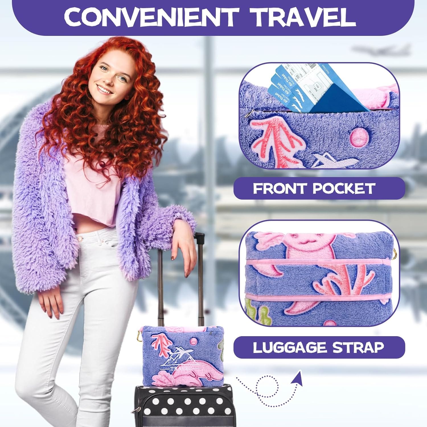 Axolotl Blanket for Airplane Travel - Glow in The Dark Kids Travel Blanket Pillow Set for Plane, Car - Axolotl Gifts Toys for Girls, Small Soft Purple Fleece Throw for Teens Girls 40 x 60 - 5