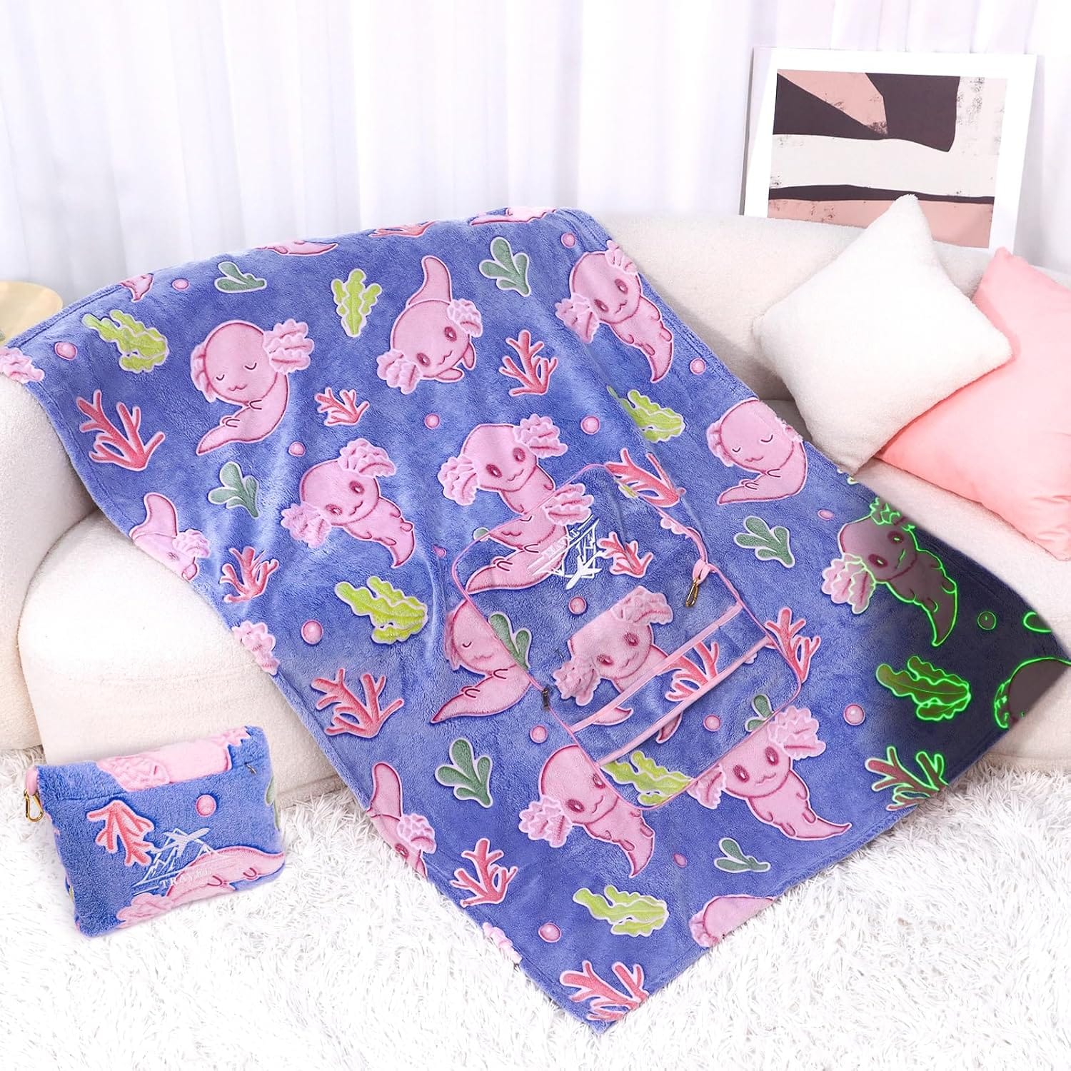 Axolotl Blanket for Airplane Travel - Glow in The Dark Kids Travel Blanket Pillow Set for Plane, Car - Axolotl Gifts Toys for Girls, Small Soft Purple Fleece Throw for Teens Girls 40 x 60 - 7
