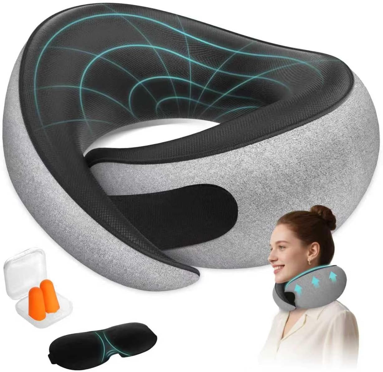 FIOGIKO Travel Neck Pillows for Airplanes - 360° Ergonomic Memory Foam Travel Pillow - Relief Neck Pain with Breathable Support for Long Flights, Car, Train & Office Use - Adults & Kids - 1