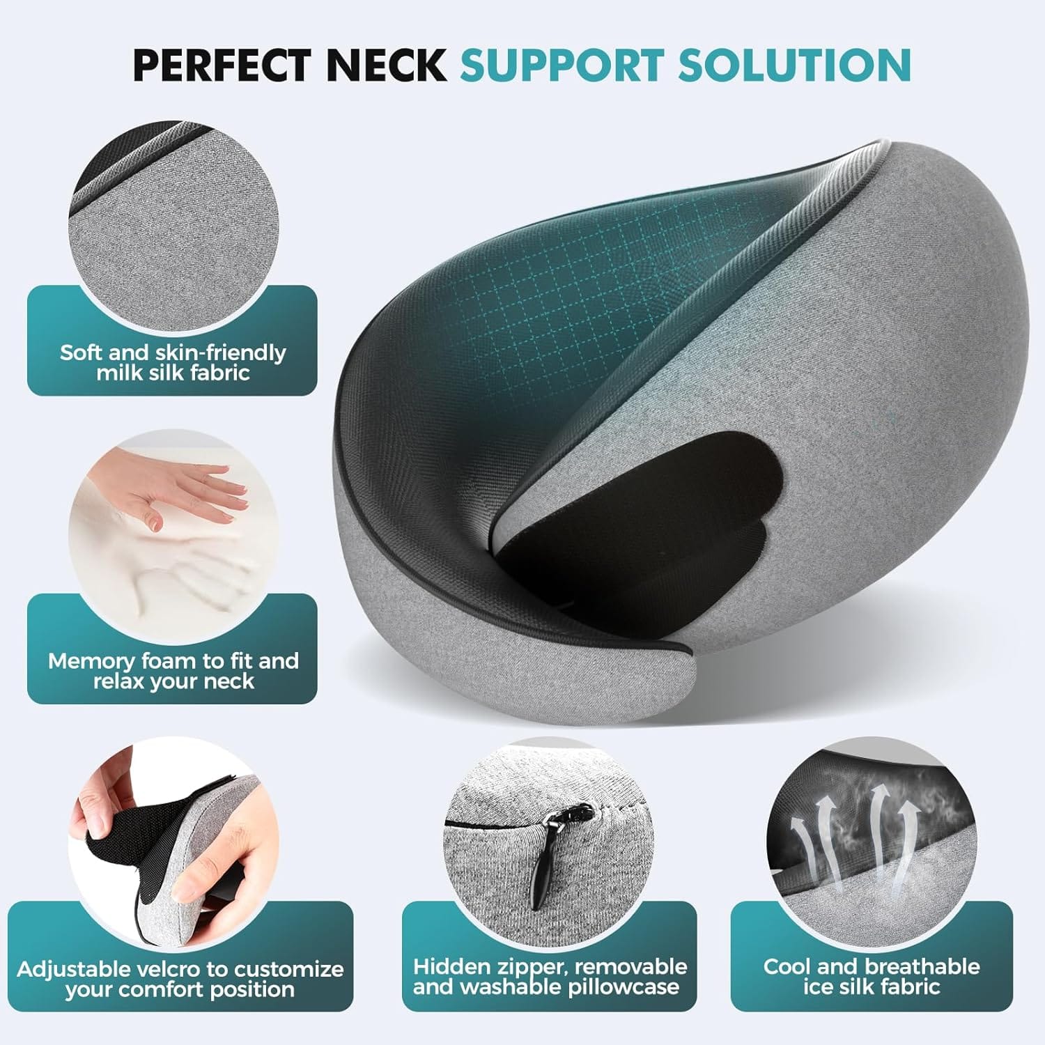 FIOGIKO Travel Neck Pillows for Airplanes - 360° Ergonomic Memory Foam Travel Pillow - Relief Neck Pain with Breathable Support for Long Flights, Car, Train & Office Use - Adults & Kids - 4
